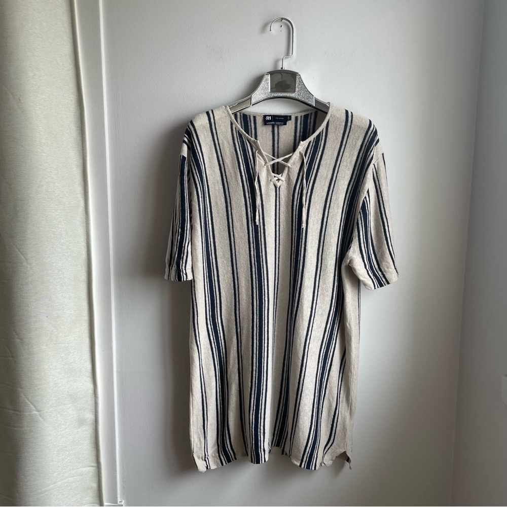 100% Organic Linen Cream Top Shirt V-Neck Lace-up Front-Size M